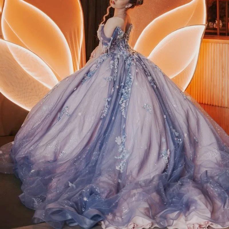 Shiny Dusty Purple Quinceanera Dress crystal glitter 3D flower Decal Long tail bead Lace Vestidos De 15 Quinceanera ﻿Customize