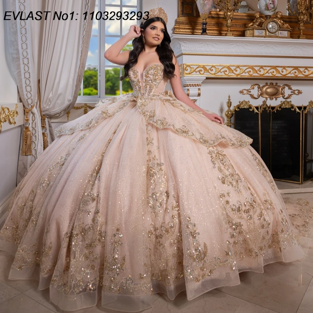 

EVLAST Customized Glitter Pink Quinceanera Dress Ball Gown Gold Sequins Applique Beaded Bow Sweet 16 Vestidos De 15 Anos E1QN685
