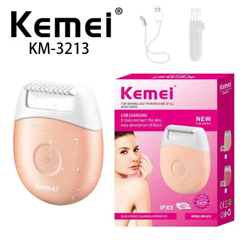 Kemei-Km-3213 Removedor De Pêlos Corporais, Mini Design, Enchimento Rápido, Lâmina À Prova D' Água, Removedor De Pêlos Corporais, Sem Danos De Pele, Carregamento USB