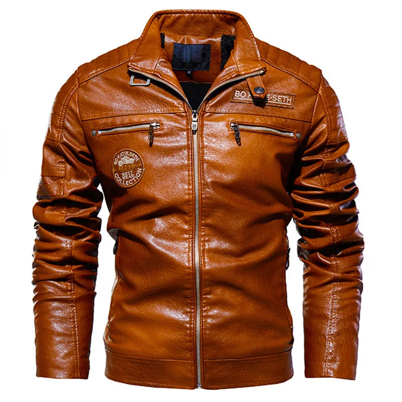 Green Leather Jacket Men Winter Fleece Motorcycle PU Bomber Leahter Jacket Male Stand Collar Casual Ropa De Hombre Slim Coat