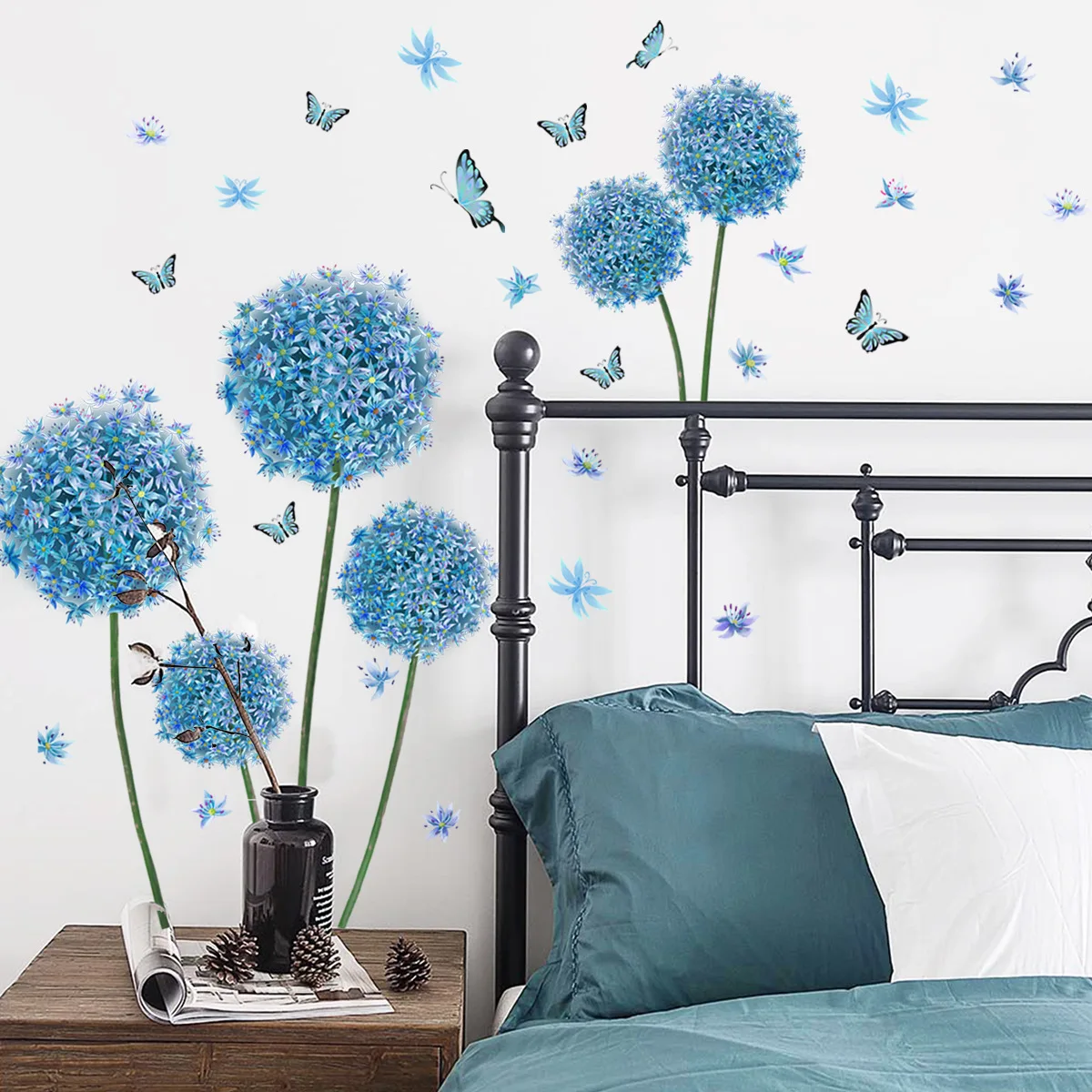 4pcs Blue Dandelion Butterfly Cartoon Wall Sticker Living Room Background Wall Room Decoration Self-adhesive Mural Wall Sticker