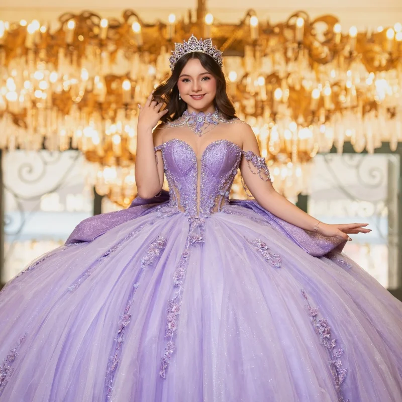 

Lavender Quinceanera Dresses Off the Shoulder Glitter Flower Decal Lace Ruffles Long tail Bow Vestido De 15 Quinceanera Customiz