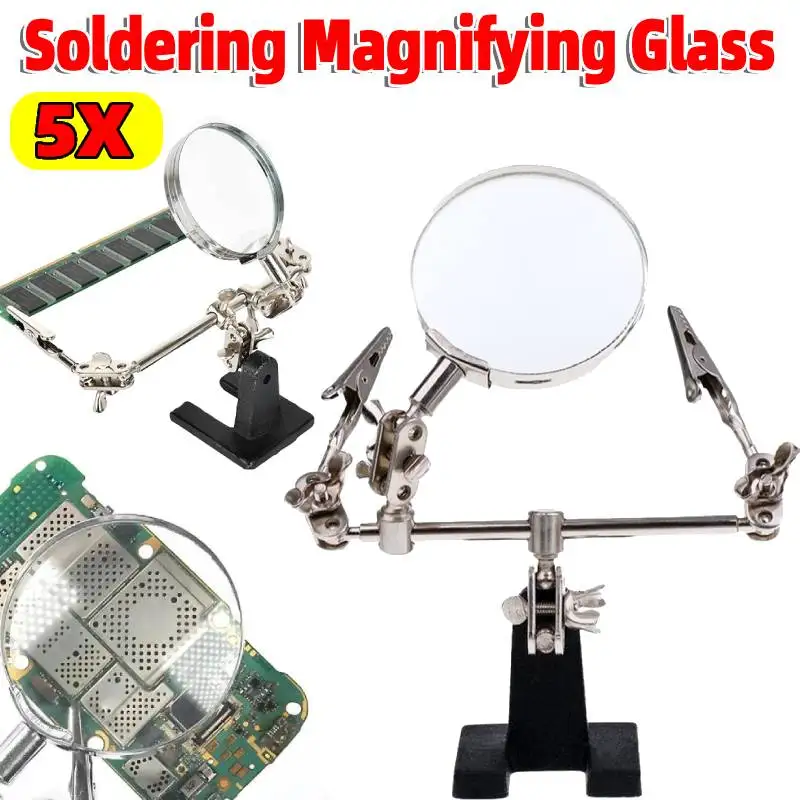 5X Soldering Magnifying Glass Adjustable Third Hand Solder Aid with Alligator Clips Welding Iron Bracket for Soldering Crafting