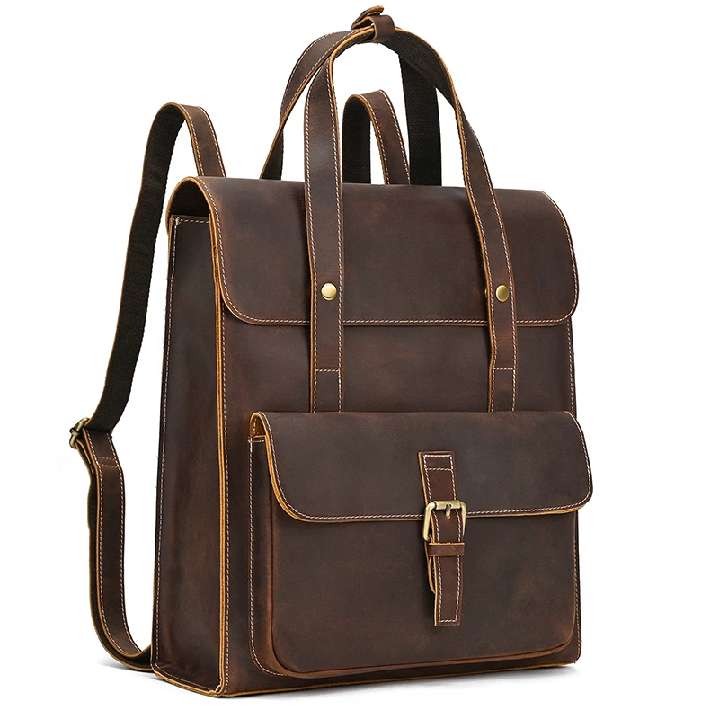 Crazy Horse Leather Men's Backpack 2 Use Vintage Cow Leather Male Woman Daypack Travel Bags School Bag Leather Bookbag Daypack