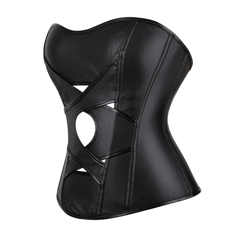 Leather Corset with Zipper Back Black Elastic Band Abdomen Hollowed-out Corset Cinched Waist Gothic Bustier Tops Halloween