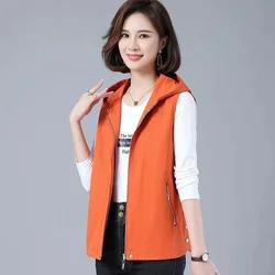 2024 New Spring Autumn Vest Jacket Women Long Female Waistcoat Outwear Middle Aged Loose Sleeveless Hooded Casual Tops