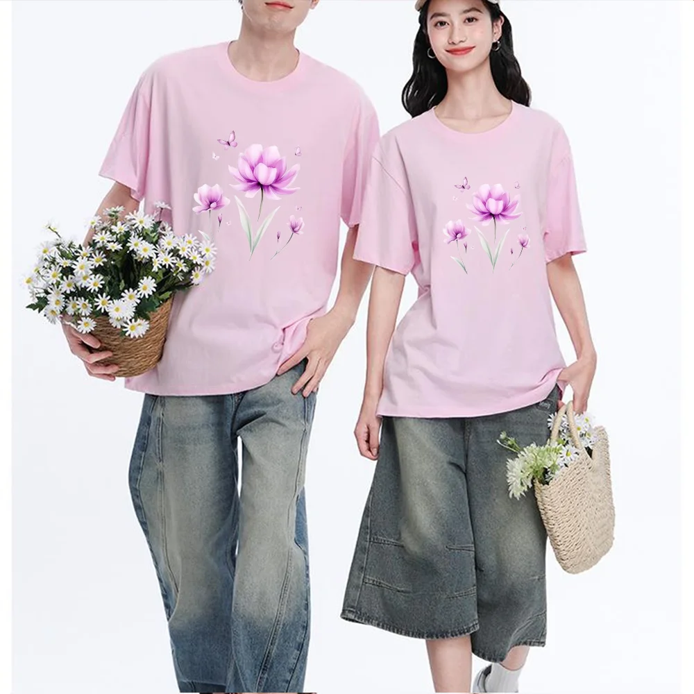 Pink Peony Flower Butterfly Printed T Shirt Breathable Fabric S-XXL Personalized Custom Aesthetic Graphic Top Unisex Fit Casual