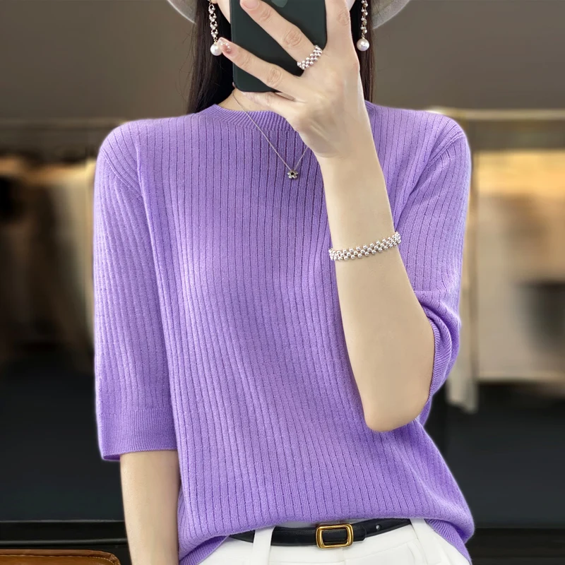 Ранняя весна, новая блузка с укороченными рукавами, женская свободная трикотажная рубашка больших размеров из 100% чистой шерсти с круглым вырезом