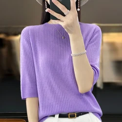 Early spring new cropped sleeve blouse female O-neck 100% pure wool loose plus size knitted bottoming shirt