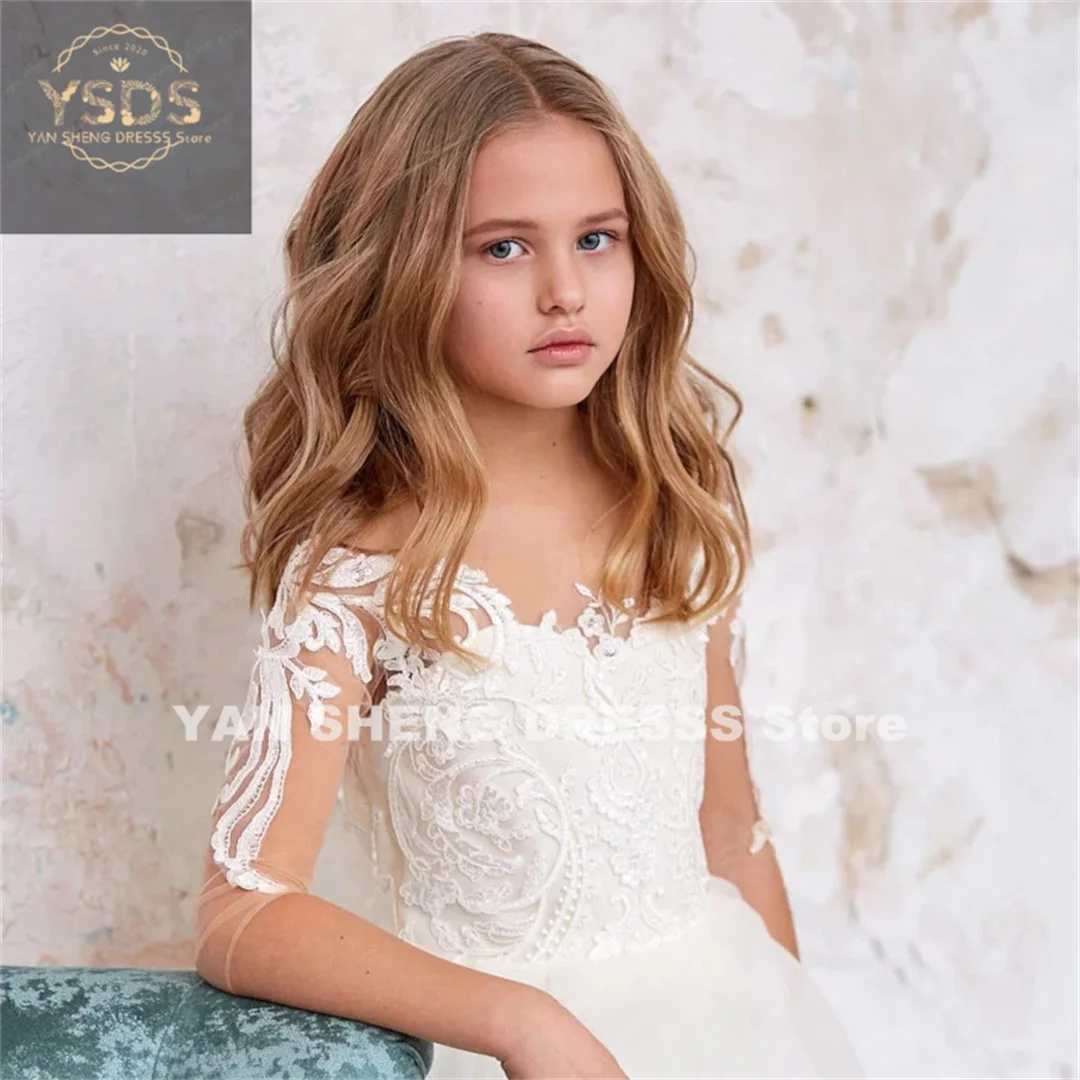 Flower Girl Dresses White Tulle Appliques With Bow Half Sleeve For Wedding Birthday Party First Communion Gowns