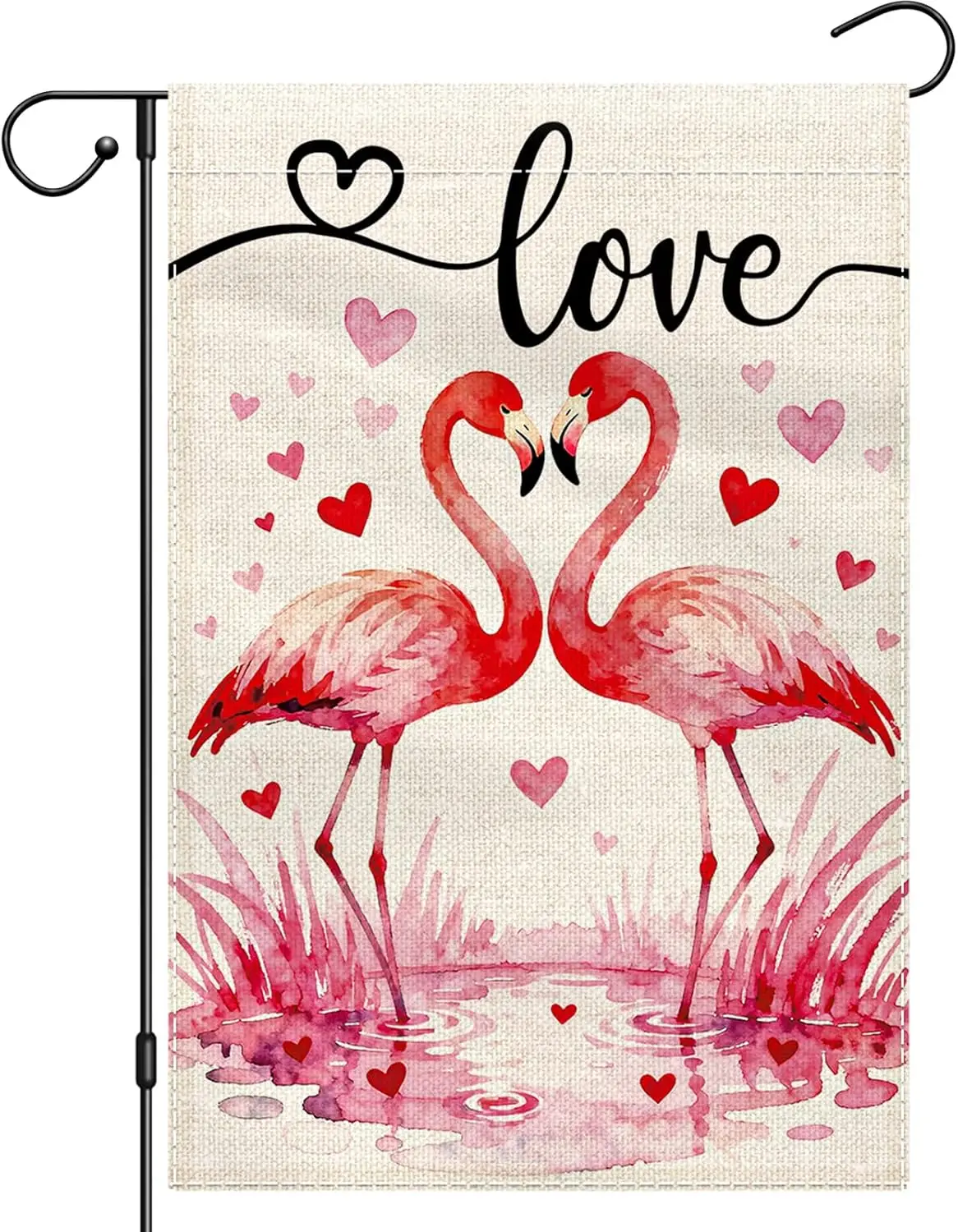 Valentines Day Garden Flag 12x18 Double Sided, Flamingo Love Yard Flags for Outside, Small Burlap Yard Flag for Anniversary  IIC