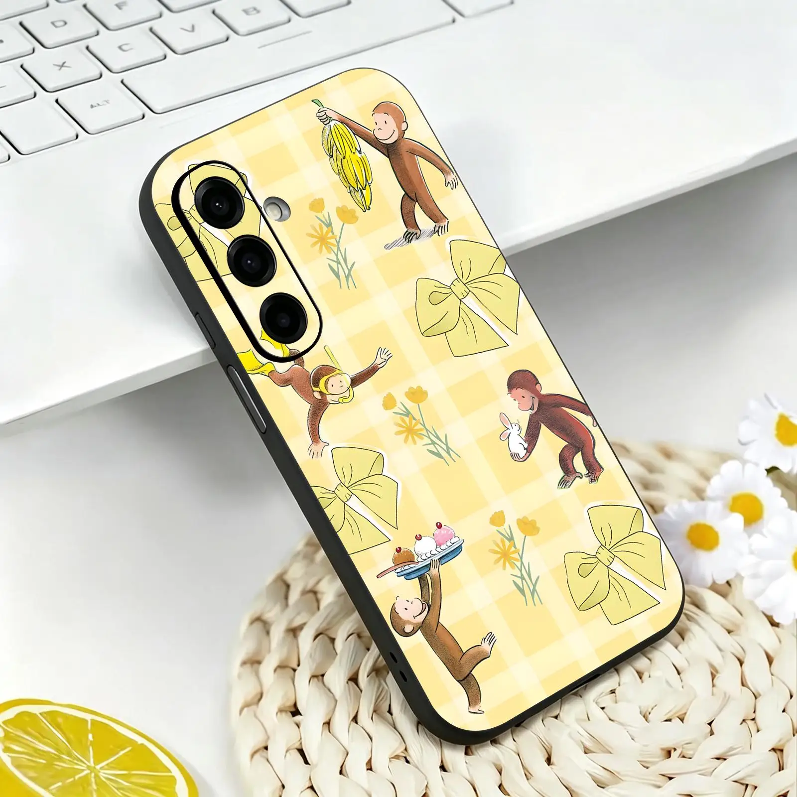 Cute monkey Curious George  Phone Case For Samsung A57 A56 A37 A27 A17 A36 A26 A55 A35 Black Matte Soft Case
