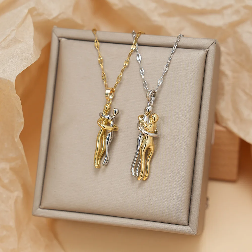 

Jardme 2pcs Couple Hugging Stainless Steel Pendant Necklace for Women Men Gold Silver Color Couple Love Chain Gift for Friends