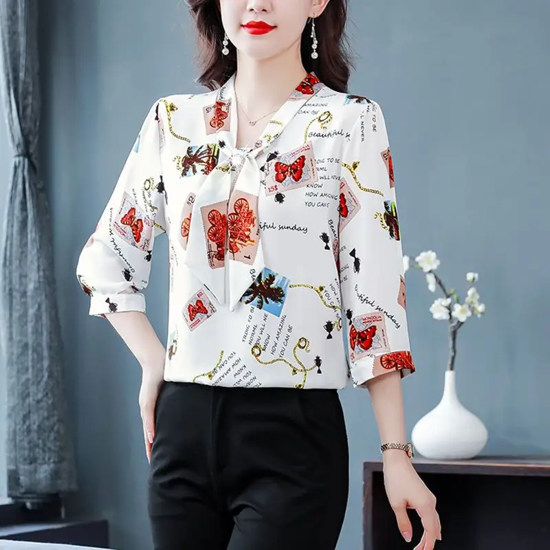 Spring Summer Commute Blouse Stylish Printed Blouse Female Elegant V-Neck Drawstring Bow Chic Three-dimensional Decoration Shirt