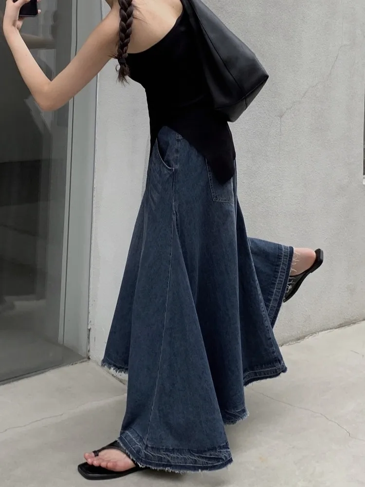 

GUUZYUVIZ Retro Blue High Waist Denim Half Length Fishtail Skirt Distressed A-line Swing Skirt Woman