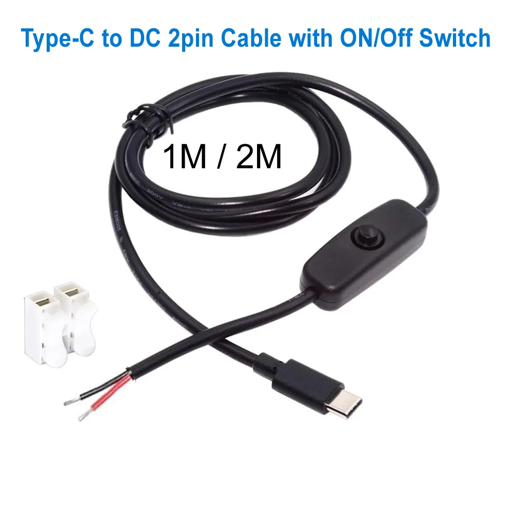 1m/2m USB Type-C Pigtail Cable Extension Power Cable with On/Off Switch USB-C Plug to 2 Pin Bare Wire Open End Connector for DIY