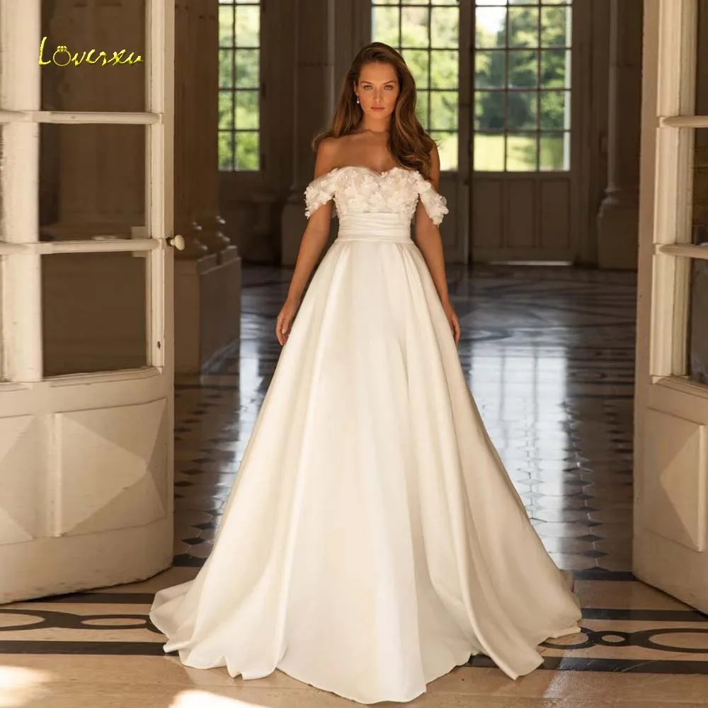 Loverxu A-Line Chic Abiti da sposa Sweetheart con spalle scoperte Vestido De Novia Fiori 3D Abito da sposa su misura in raso opaco