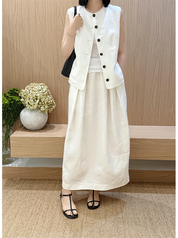 Fashionable Linen Set Women's Summer Loose Sleeveless Tank Top Midi Skirt Two-Piece Suit Simple Elegant Moneyed Style