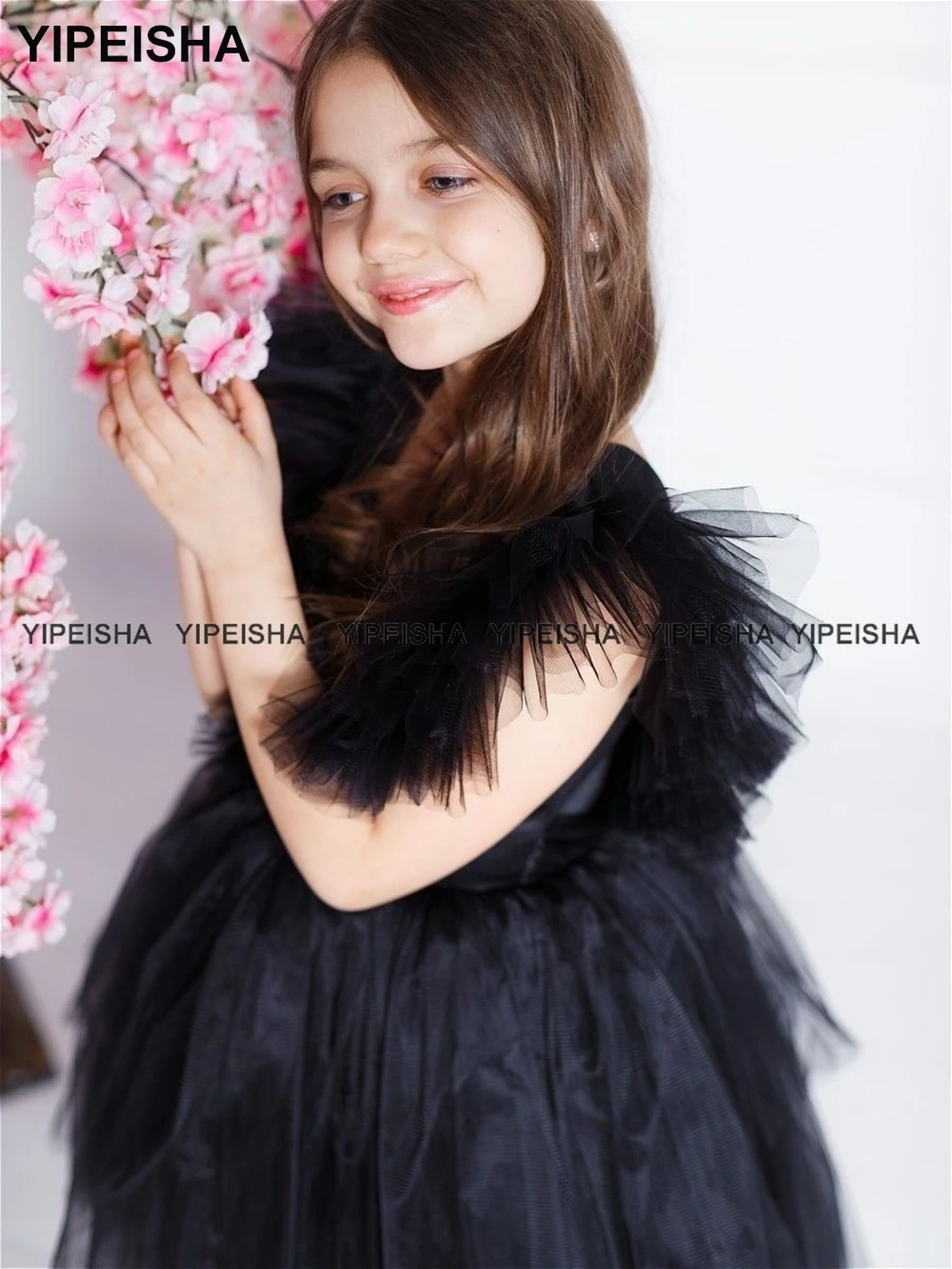 Yipeisha Fashion Fuchsia Flower Girls Dresses Hot Pink Tulle A-line High Low Kids Birthday Gown New Year Party Dress with Bow