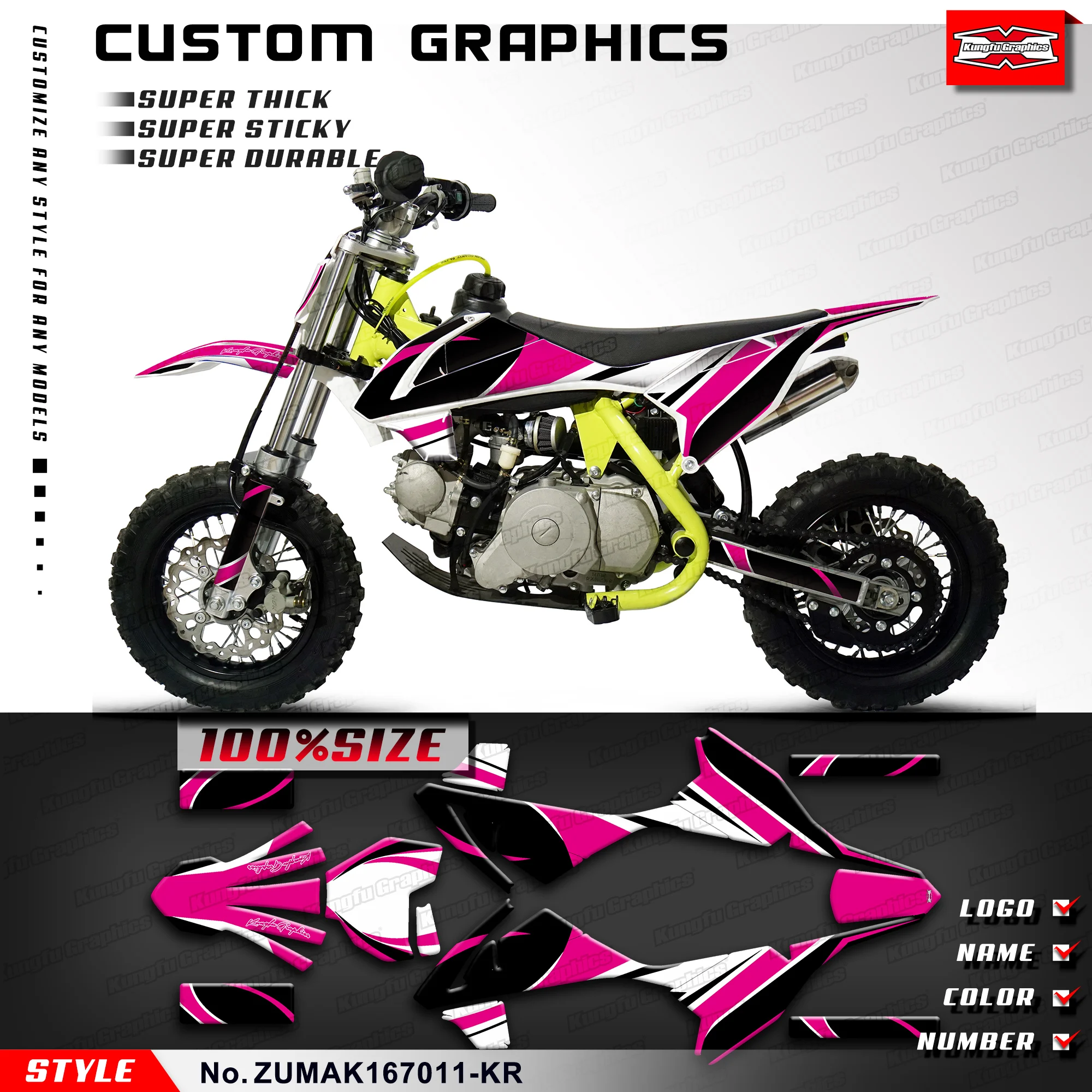 KUNGFU GRAPHICS Kids Mini Dirt Bike Graphics Kit Vinyl Decal for ZUUMAV K1 50 60 70, Personalized, ZUMAK167011-KR