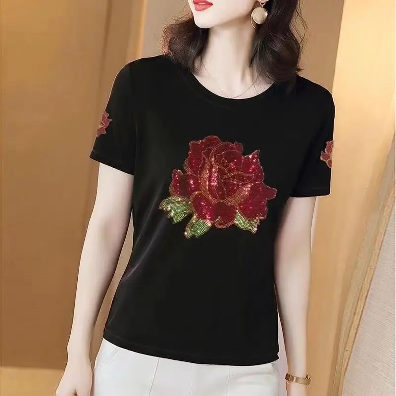 2026 Summer New Women's Short Sleeve T Shirt Rhinestone Diamond Accented Blouse Slimming Stylish for Middle Aged