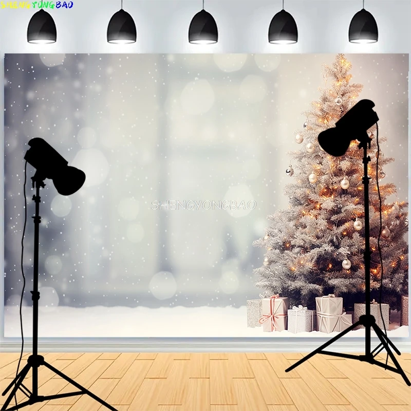 Bokeh Christmas Tree Gifts Wooden Photography Backdrop Living Room Snowflake Family Party New Year Photo Studio Background XH-17