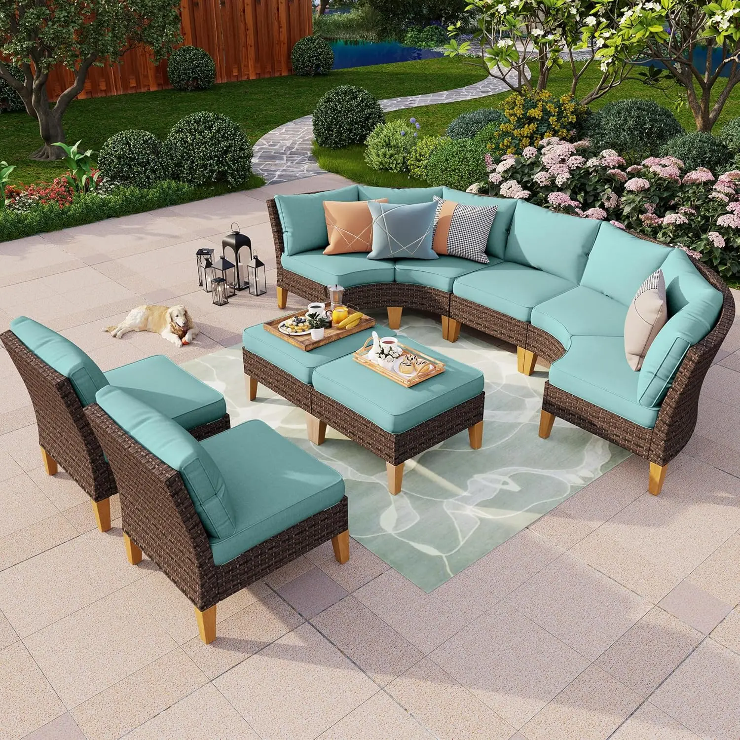 

9-Piece Outdoor Wicker Furniture Set Curved Sofa Thick Cushion Deck Yard Pool Customized