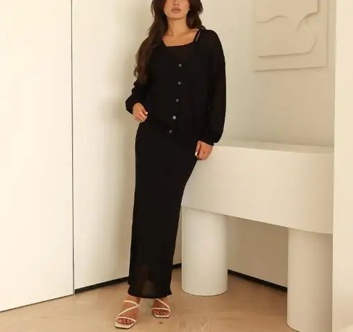 Autumn 2025 Solid Color Long Sleeved Button Up Jacket and Sleeveless Camisole Dress Set for Women's Elegant Slim Fit 2-Piece Set