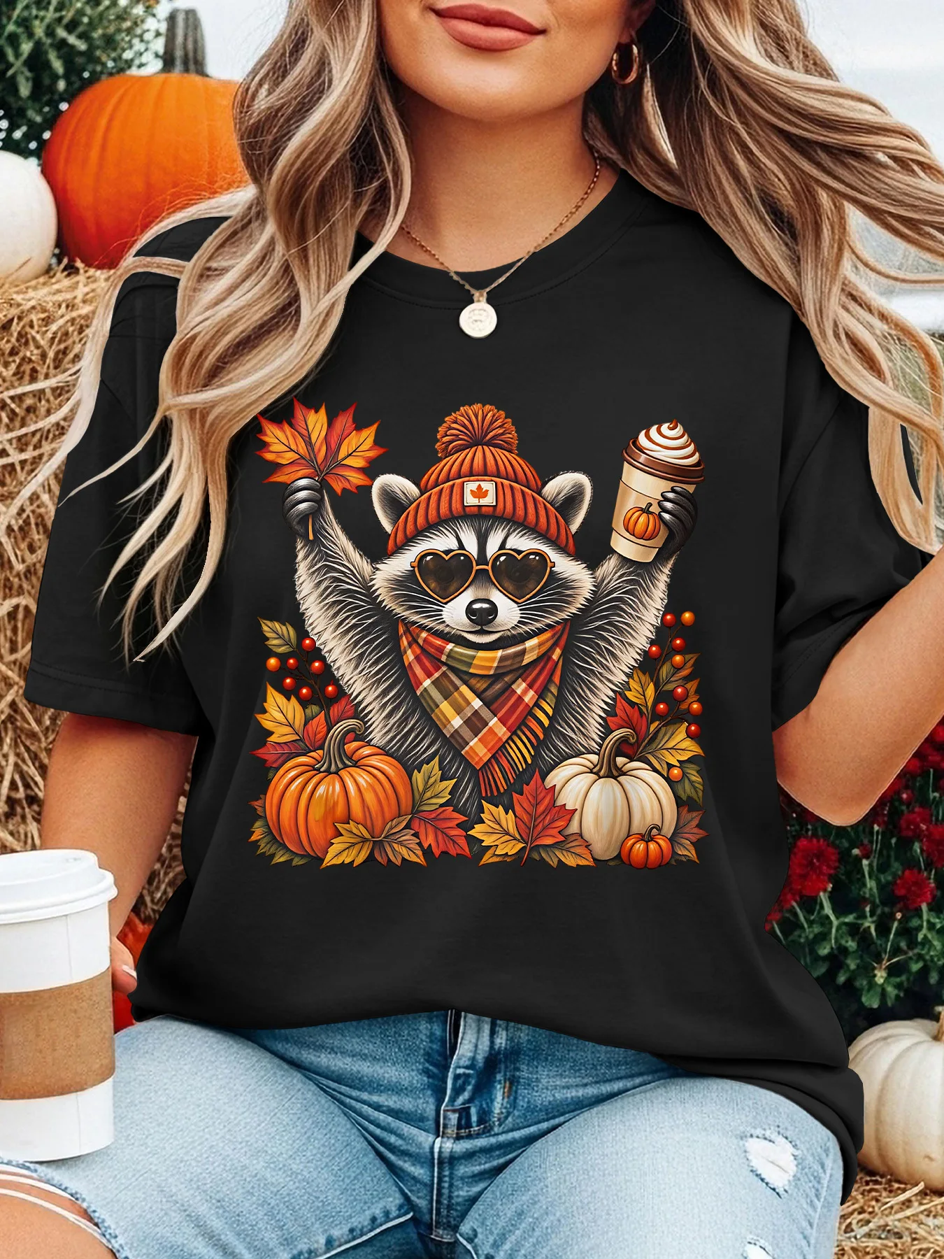 Women Crew Neck Tee Fall Raccoon Coffee Pumpkin Maple Leaf Graphic Print Short Sleeve Loose Ladies Cotton Plus Size Casual Top