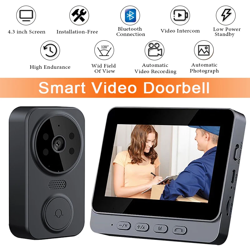 Wireless intercom Doorbell 4.3inch lPS Screen Waterproof High Definition Visual Doorbell Smart Home Security Visual Doorbell