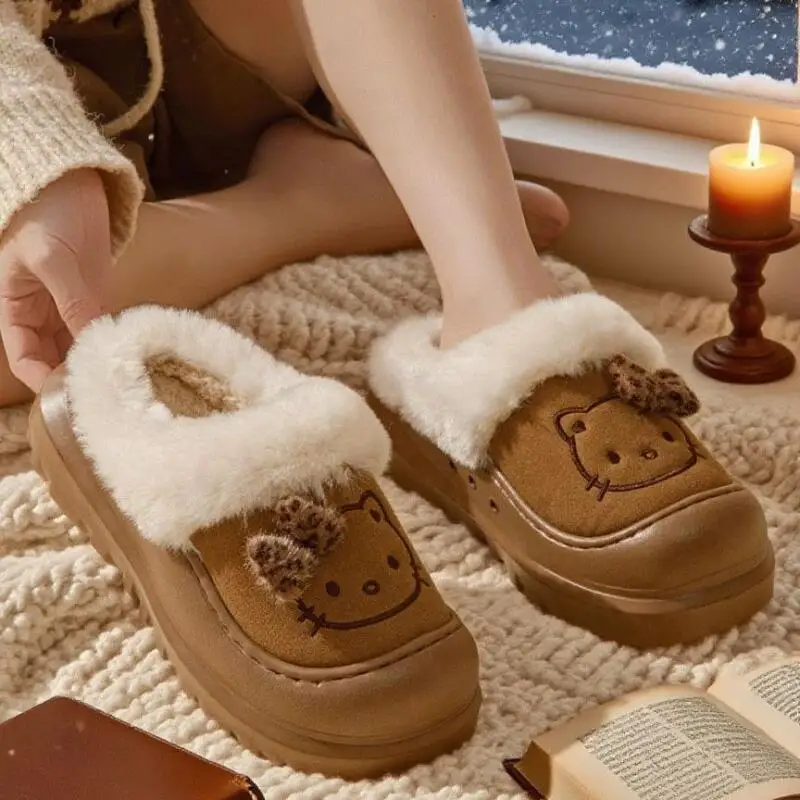 

Kawaii женские тапочки Hello Kitty Sanrios, осенне-зимние хлопковые тапочки на толстой подошве с героями мультфильмов, домашняя плюшевая обувь, противоскользящая обувь