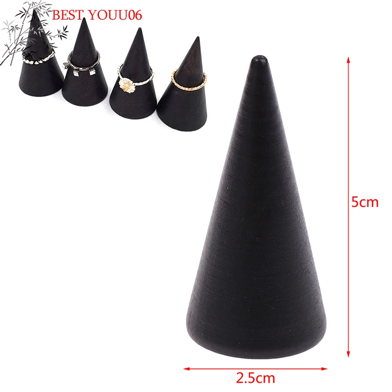 

(YOUU06)Vintage Black Wooden Ring Holder Display Cone Rack Finger Ring Stand Organizer