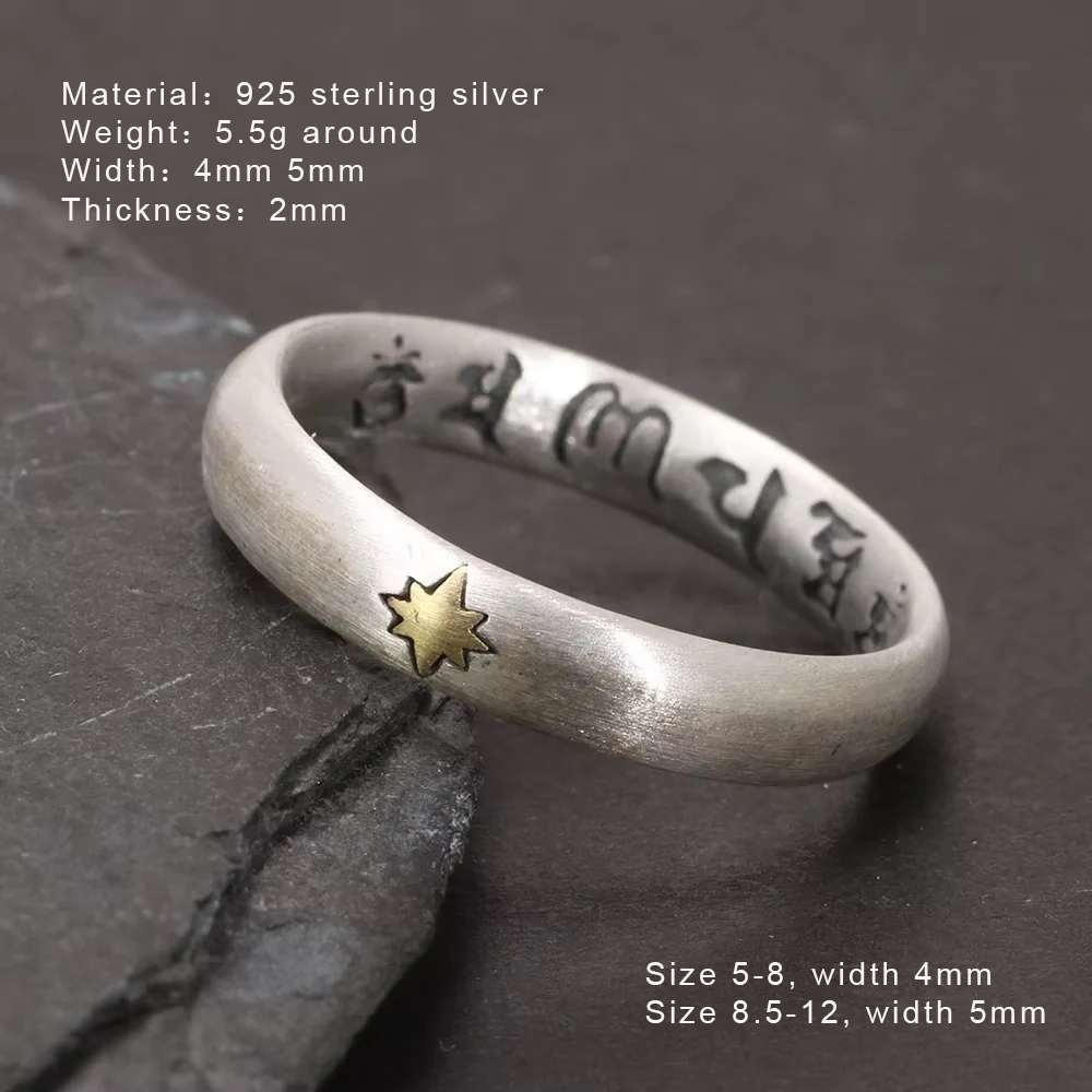 Genuine 925 Sterling Silver For Men And Women Lovers Six Words Engraved Star Vintage Punk Thai Silver Mantra Ring