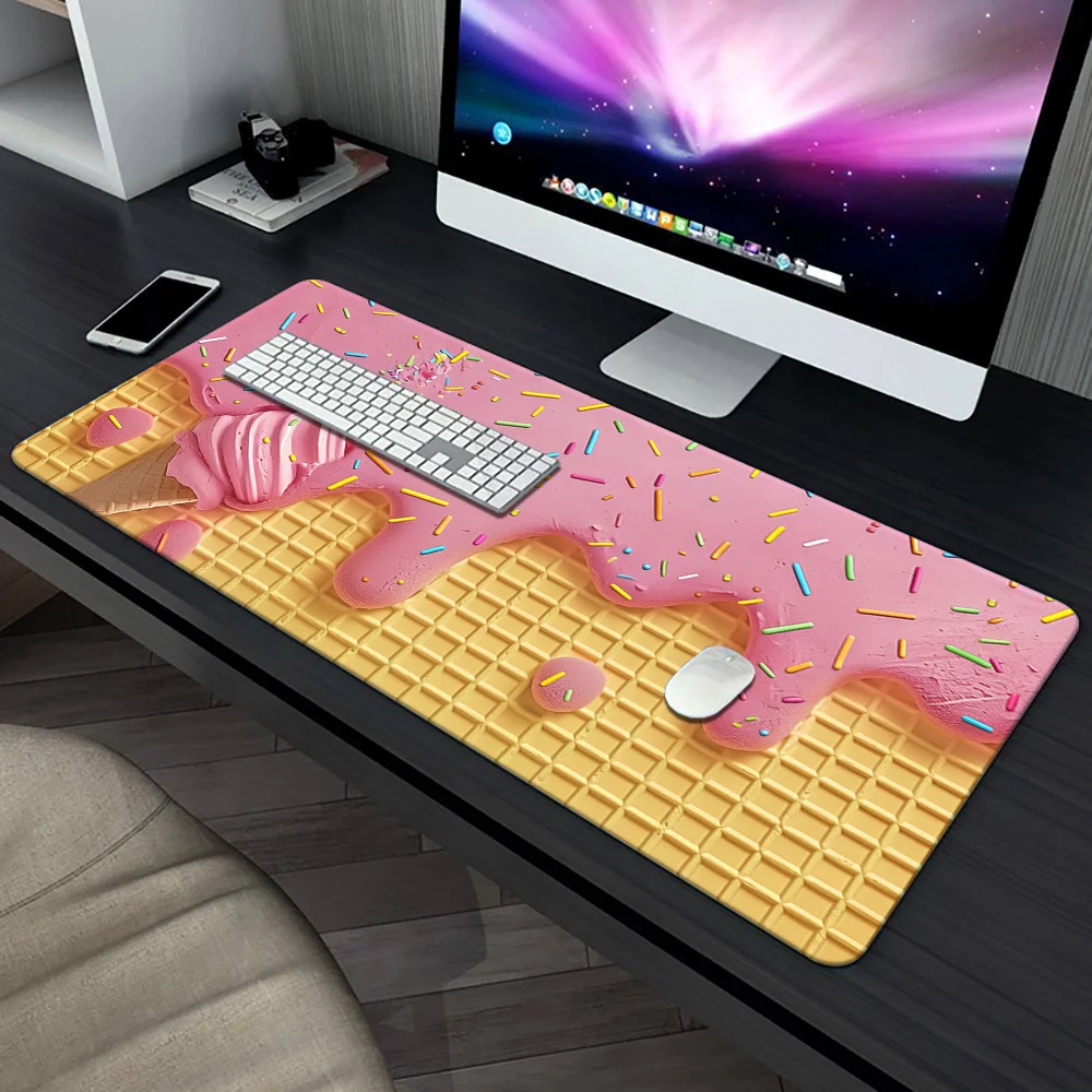 Kawaii Waffle Ice Cream Desk Pad large mouse pad rubber anti-slip edge locking office mat pc accessories gaming mats Computer
