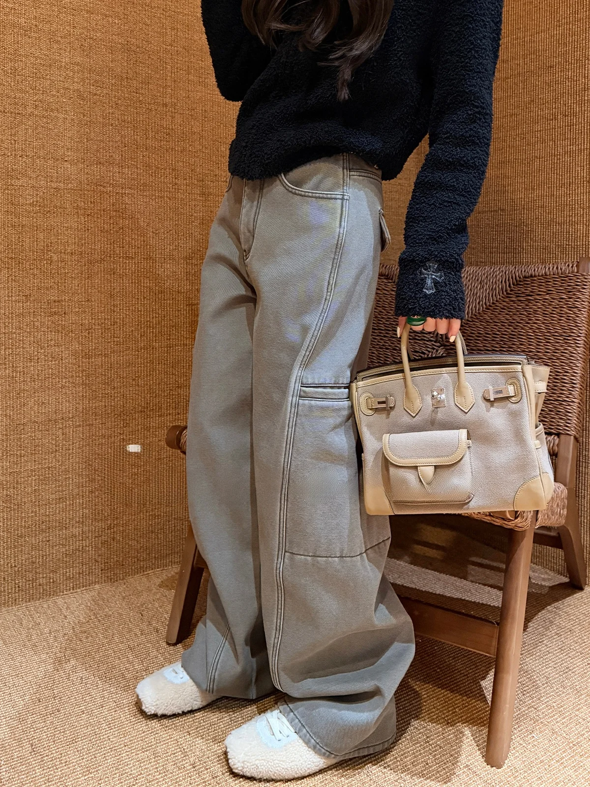 

Женские джинсы с высокой талией и широкими штанинами из хлопка, удобные и дышащие...