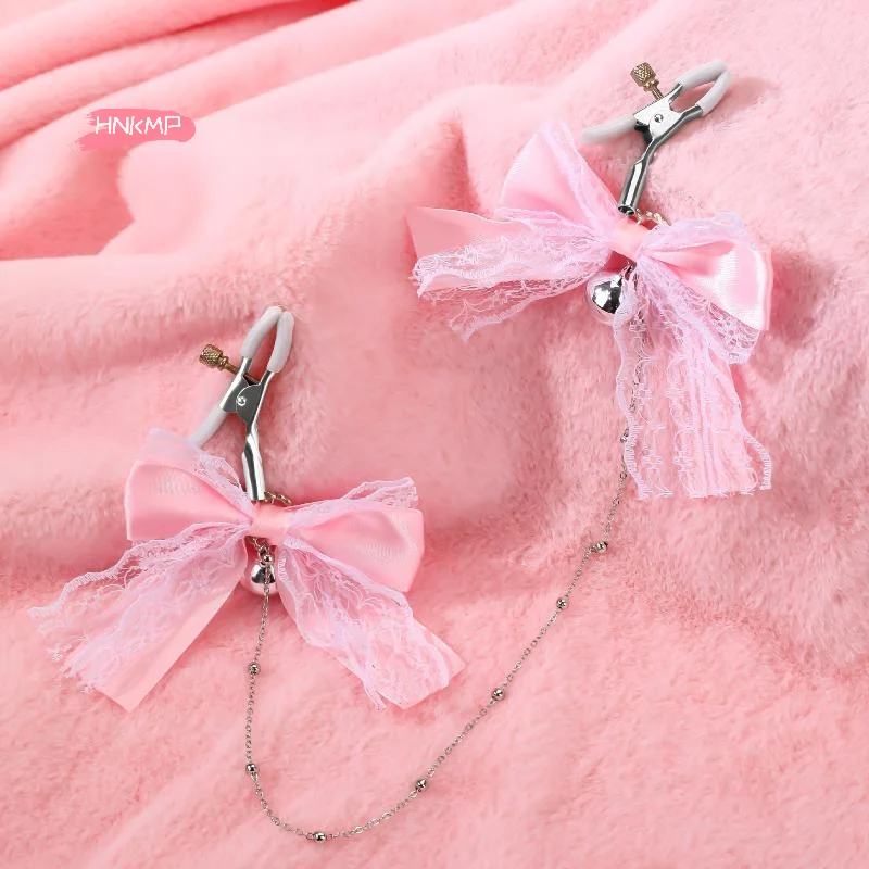 1Pair Lace Butterfly Knot Bell Nipple Clamps with Chain Adult Toy Sexy Teasing Accessory Polyester Fabric Cute Girl Style - view 2
