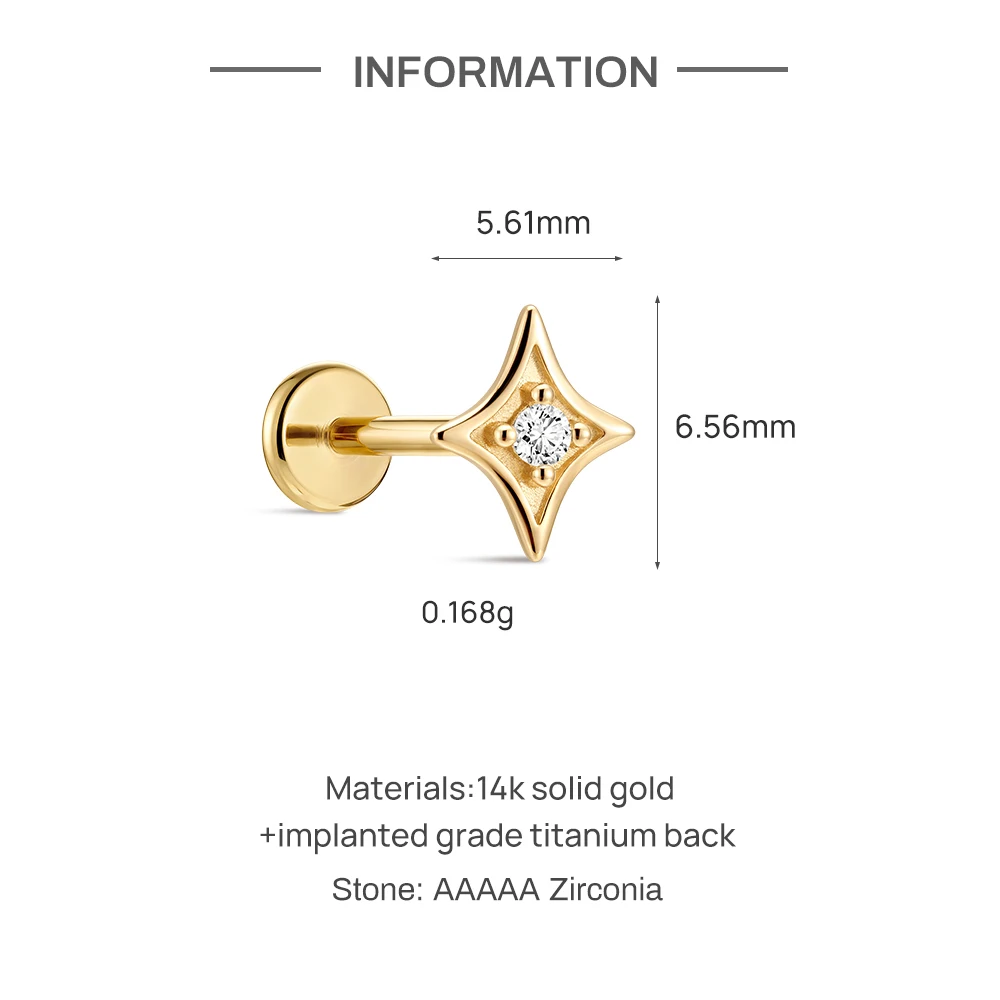 AIDE Mini-Piercing-Ohrringe aus 14-karätigem massivem Gold, glänzend, Herz-/rund-/sternförmig, für Damen, in verschiedenen Größen, klassischer Hochzeits- und Brautschmuck, luxuriöser Schmuck – Detail 14