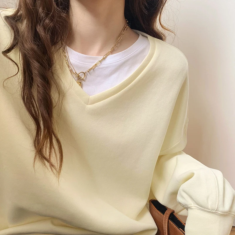 Women's Patchwork V-neck Casual Loose Autumn Fashionable Sweatshirt 2024 New Solid Color Ladies Winter Pullovers Tops Female Ins