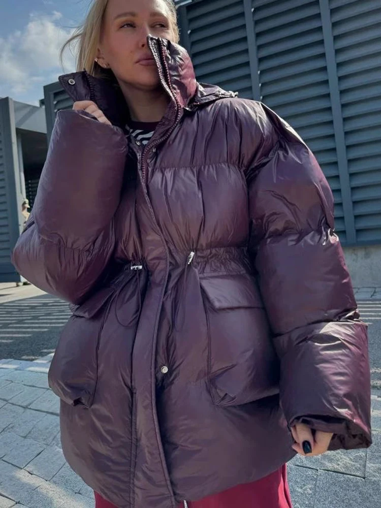 

FSMG бордовые стеганые куртки с капюшоном и молнией на талии, модное тонкое теплое пальто с закрытыми пуговицами и шнурком, зимняя женская уличная одежда