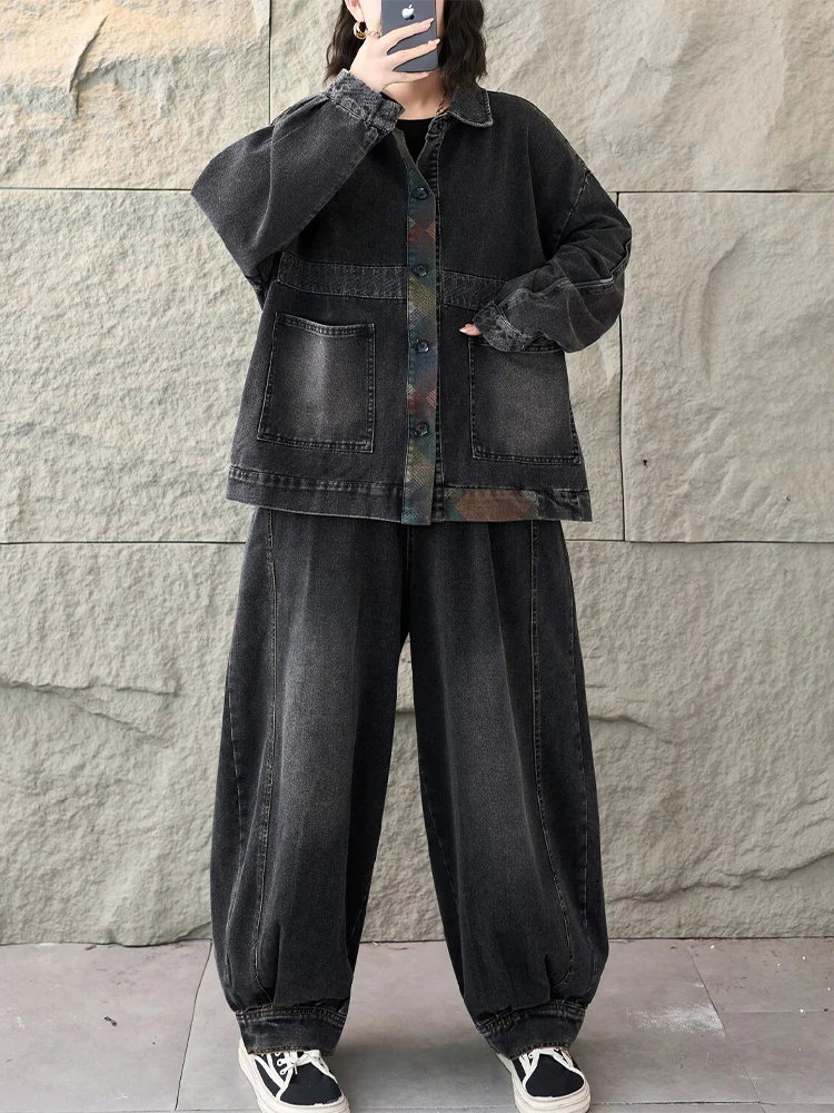 Amax LuluE 2026 الربيع السيدات الكلاسيكية الدنيم 2 قطعة مجموعات موضة الشرير الدعاوى معطف خمر سراويل تقليدية الكورية تصميم فضفاض الجينز #4