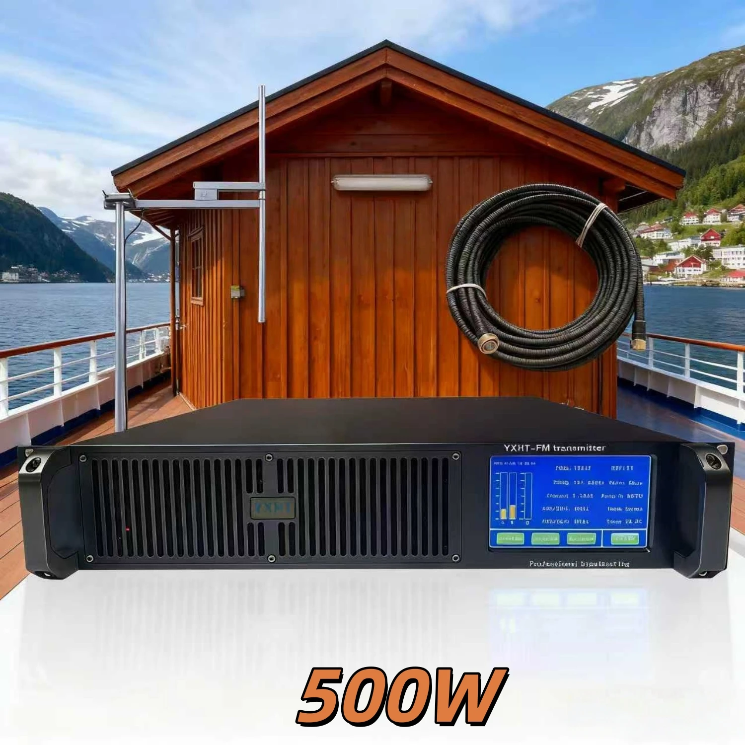 

TC- Weather-Resistant 500W FM Transmitter with Antenna & Cable – Consistent Operation Ideal for Ship & Aviation Broadcasting