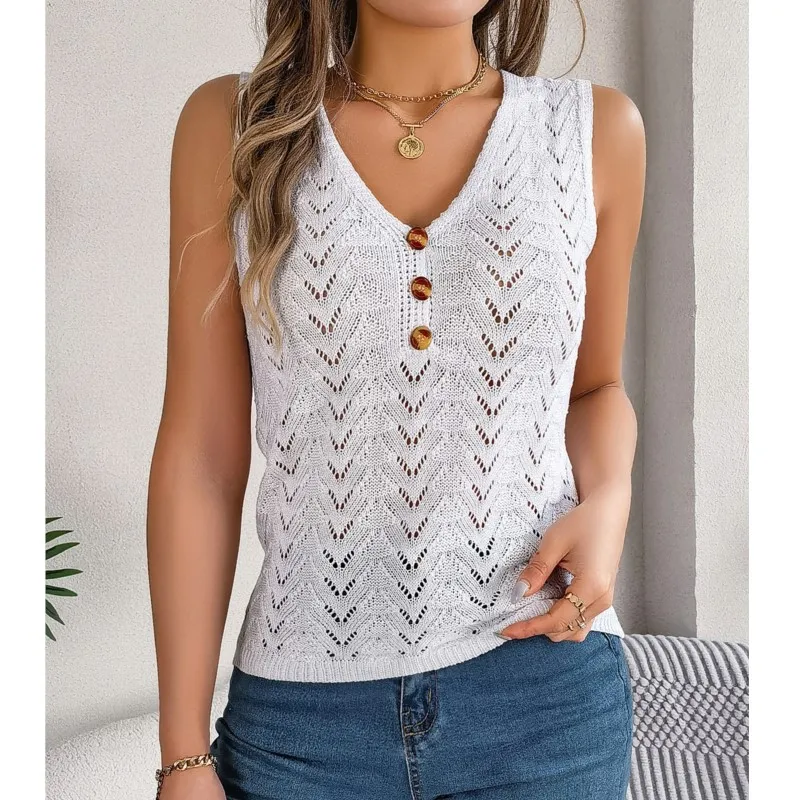 2022 Lente/Zomer Damesmode Effen Kleur Knop V-hals Holle Mouwloze Top Tank Top Vakantie Truien Dameskleding