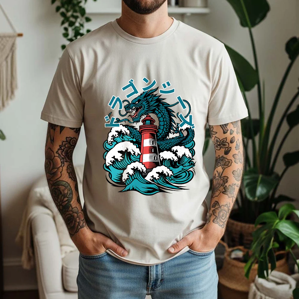 2026 Summer Mens Japanese Dragon Lighthouse Graphic Oversize Tee 100% Cotton Ukiyo-e Short Sleeve