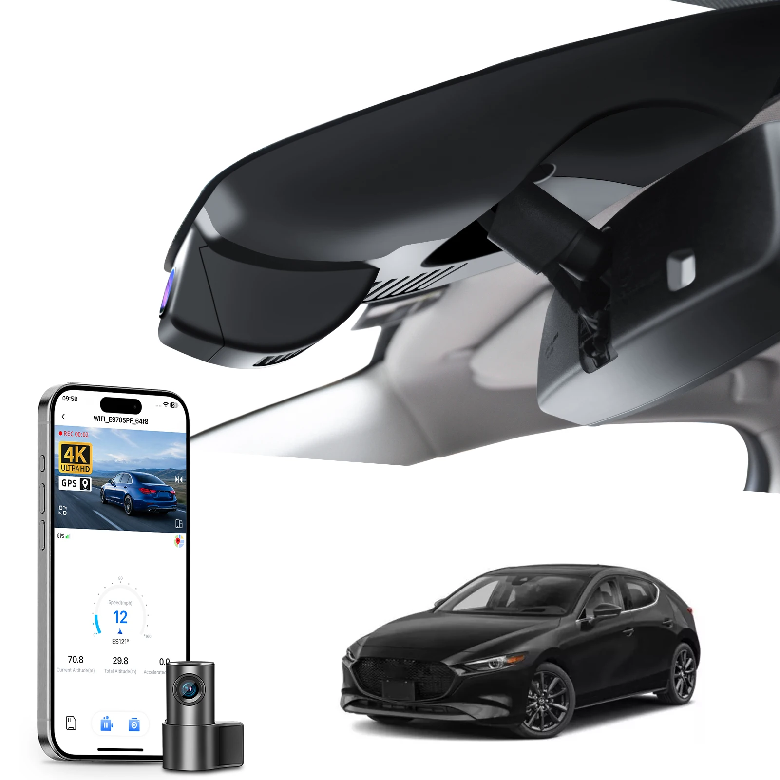 Cámara para Auto Mangoal 4K Dedicada para Mazda 3, Grabadora de Video para Vehículo 2019-2026 (Modelo A/B), GPS, WiFi y App, Plug and Play
