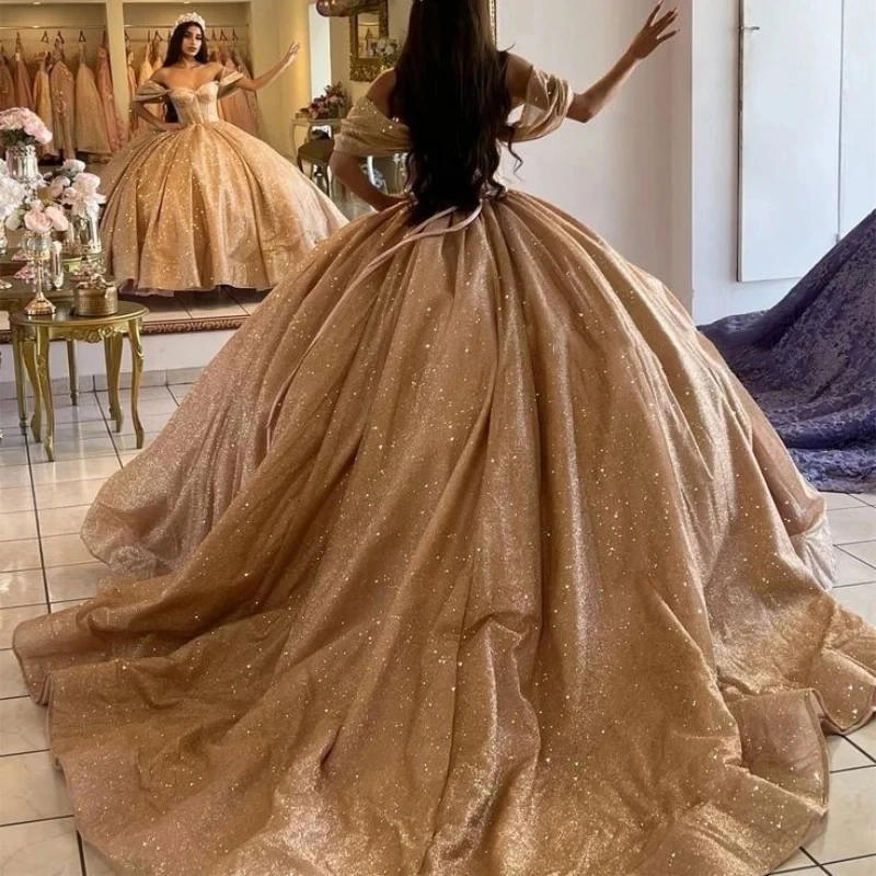 Rose Gold Shiny Quinceanera Dress Sweet 16 Dress Prom Gown Off The Shoulder Corset Tulle Sweetheart Princess Party Vestido De 15