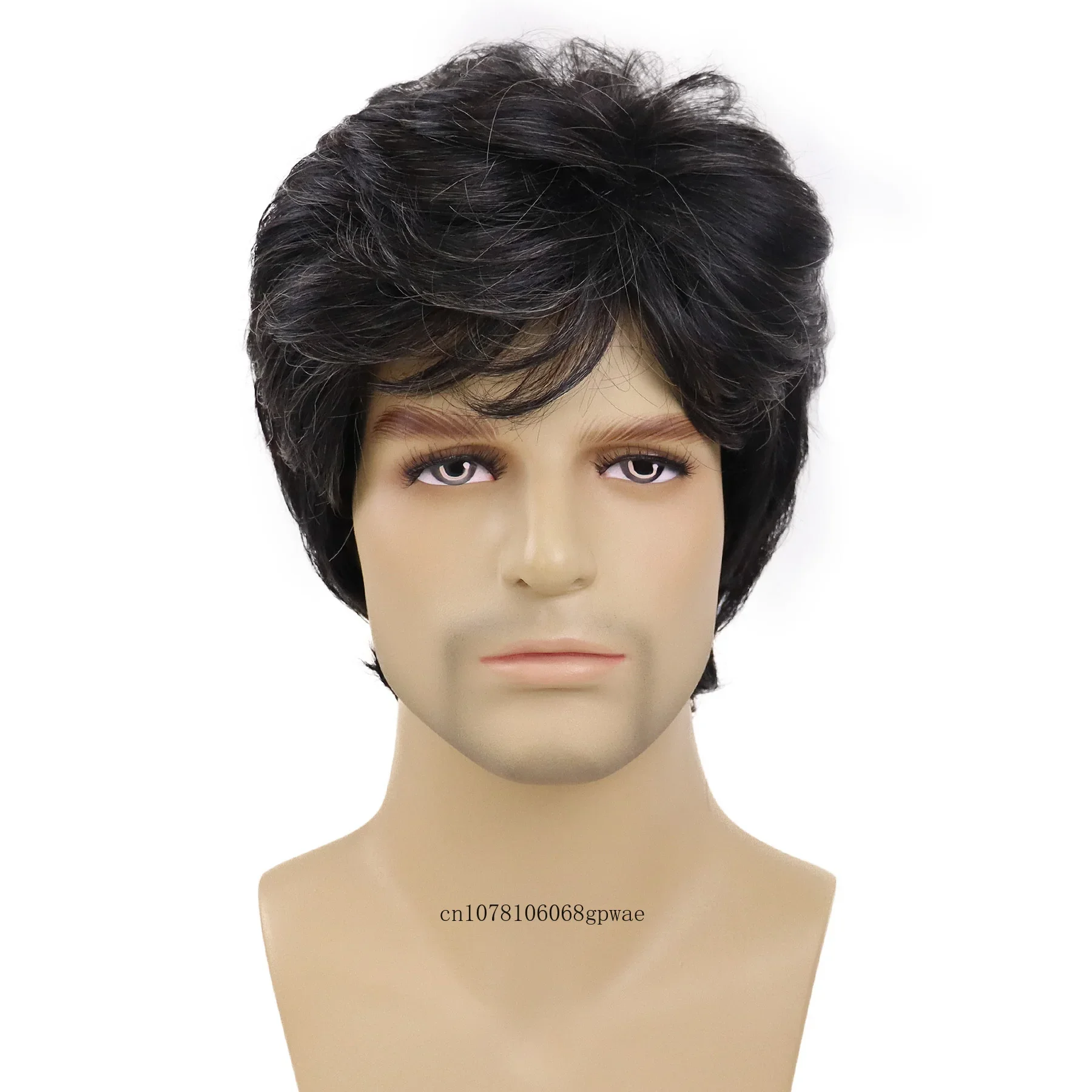 Natural Balck Wig with Bangs Synthetic Short Layered Wig for Men Father Daily Party Use Heat Resistant Hair Replacement Wigs