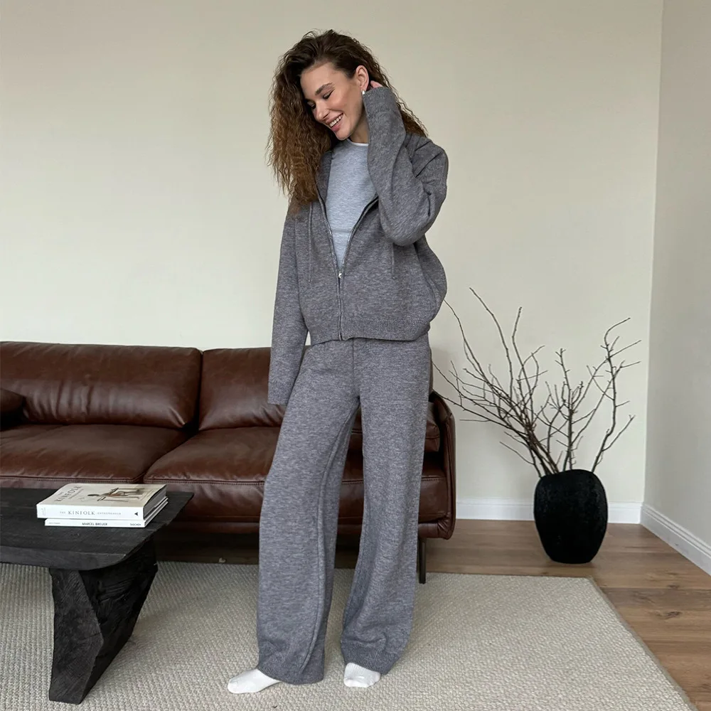Sports Style Hooded Zipper Cardigan Wide Leg Pants Suit Autumn and Winter Women's Lazy Style Loose Thick Warm Jacket Pants 2Pcs view 5