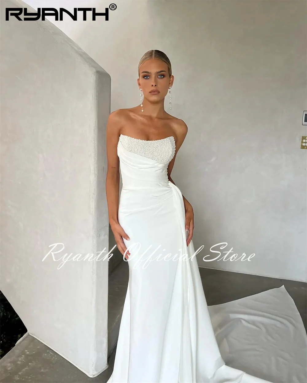 Ryanth Stunning Beaded Elegant Strapless Mermaid Wedding Dress Long Train ridal Gowns 2024 New Vestido De Noival вечернее платье