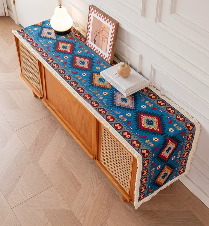 New Chinese Ethnic‑Style TV Cabinet Cover, Retro Vintage Table Runner for Tea Table & Nightstand, Antique Dust‑Proof Table Cloth