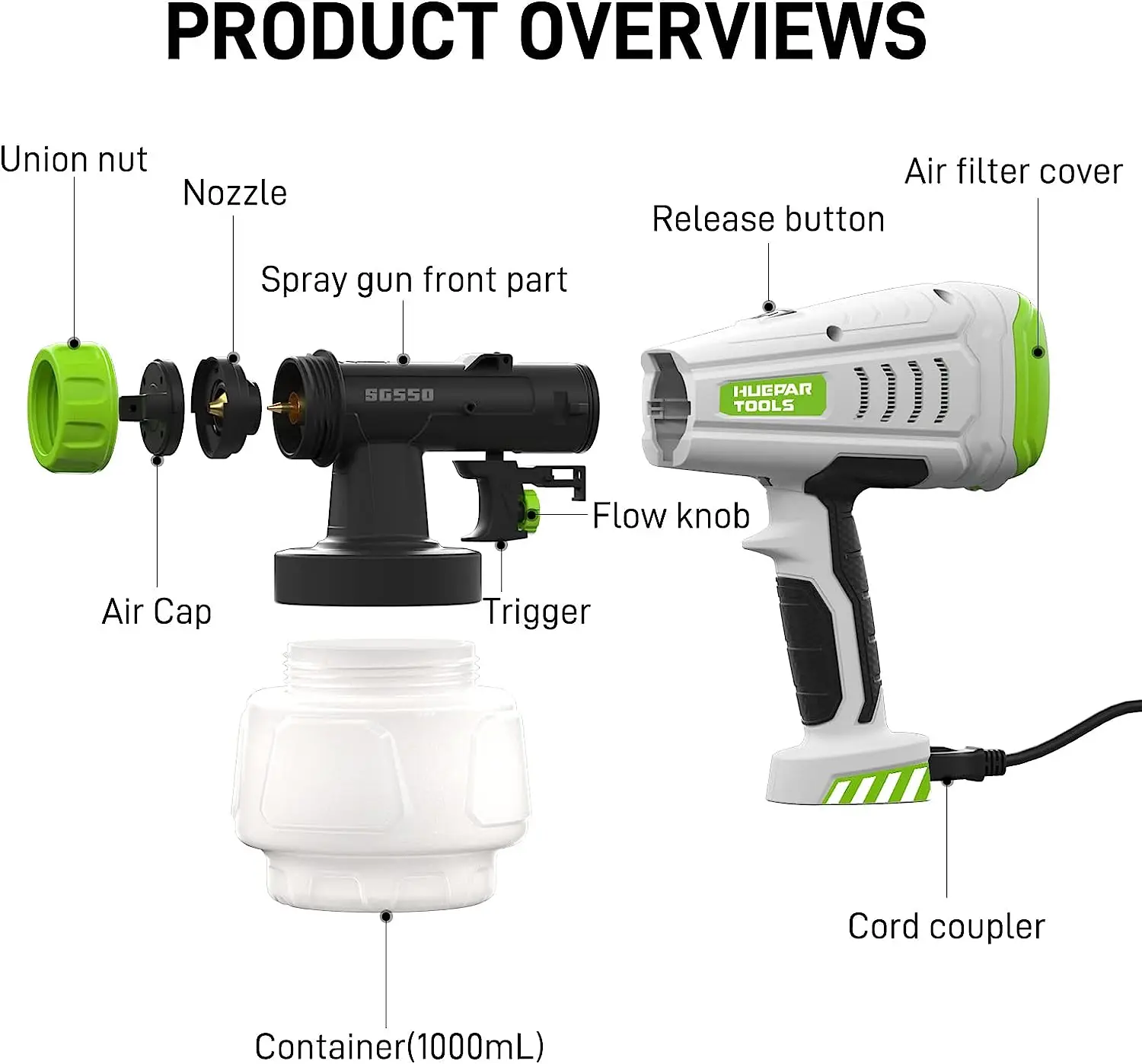 550W HVLP Electric Spray Gun 1000ML Paint Sprayer Household Flow Control Easy Spraying Adjustable Nozzle for Furniture/Walls